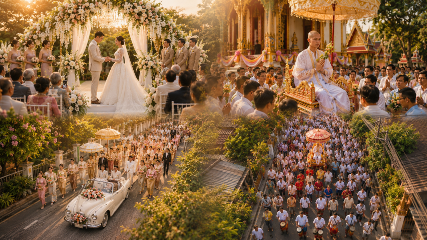 ภาพบรรยากาศงานอุปสมบทจากมุมสูง Thai-Drone
